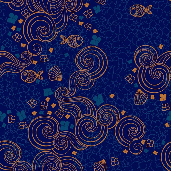 Абстрактный Бесшовный Рисунок Гортензиями Рыбой Волнами — стоковый вектор
