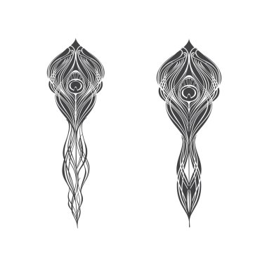 Tavus kuşu tüyü beyaz arka plan üzerinde izole kümesi. Elle çizilmiş