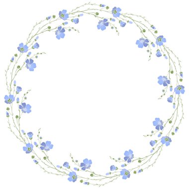 Beyaz bir arka plan üzerinde keten çiçekli çelenk. Vektör yuvarlak çerçeve 
