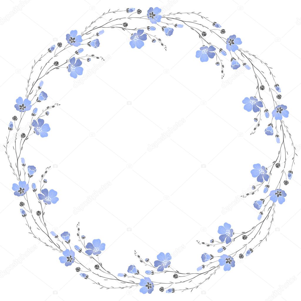 Wreath with flax flowers on a white background. Vector round frame 