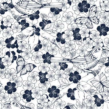 Kuşlar, kelebekler ve çiçek açması ağaçlarda koyu mavi renk ile Seamless modeli