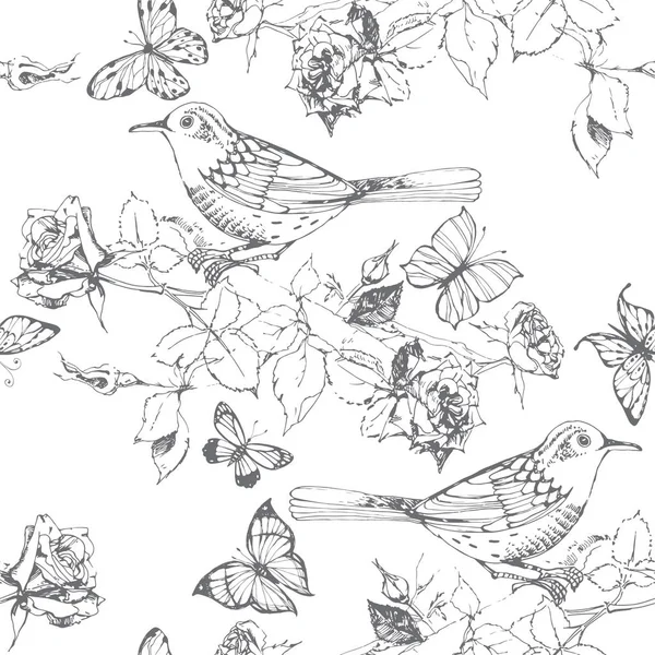 Modello Senza Cuciture Con Uccelli Farfalle Rami Fiore — Vettoriale Stock