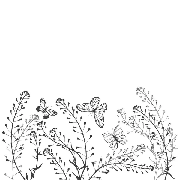 Florale Achtergrond Met Herders Portemonnees Vlinders Geïsoleerd Witte Achtergrond — Stockvector