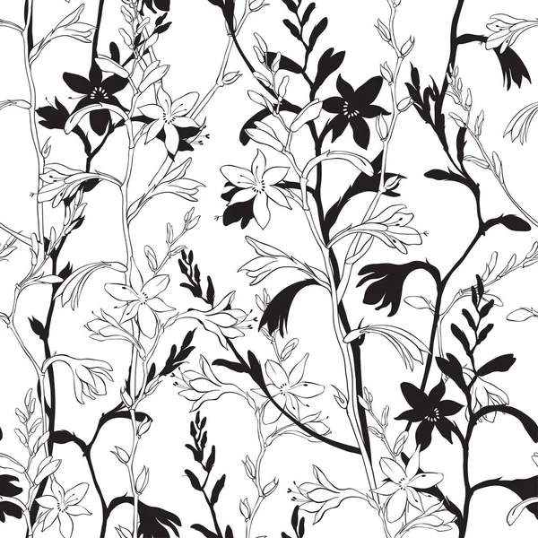 黒と白のシームレスな花パターンに関する研究 — ストックベクタ
