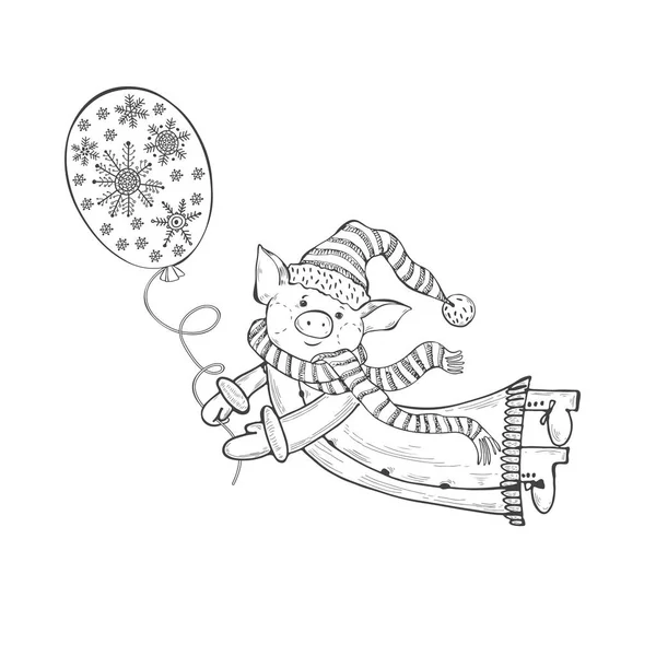 Süßes Schweinchen Weihnachtsmann Kostüm Das Auf Einem Luftballon Fliegt — Stockvektor