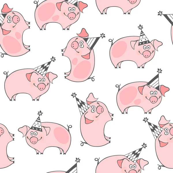 Seamless Vector Pattern Cute Pigs Party Hats — Stock Vector