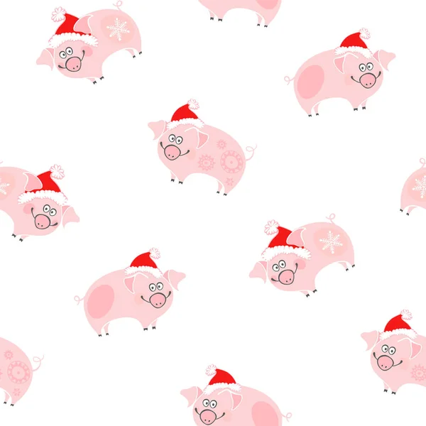 サンタ帽子でかわいい豚のシームレス パターン — ストックベクタ