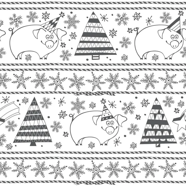 Seamless Pattern Christmas Trees Snowflakes Pigs — Stock Vector