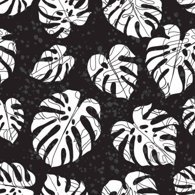 Monstera ile Seamless modeli karanlık doku arka plan üzerinde bırakır