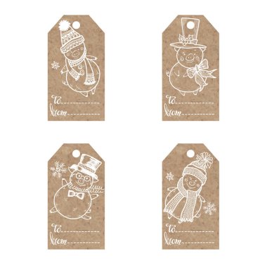 Kraft kağıt etiketleri ile tatlı küçük domuz koleksiyonunda Noel