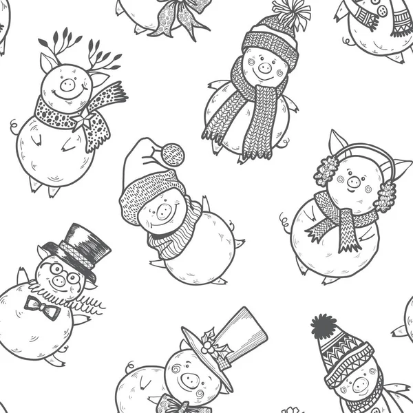 クリスマスの服の甘い小さな豚 シームレスなベクトル パターン — ストックベクタ