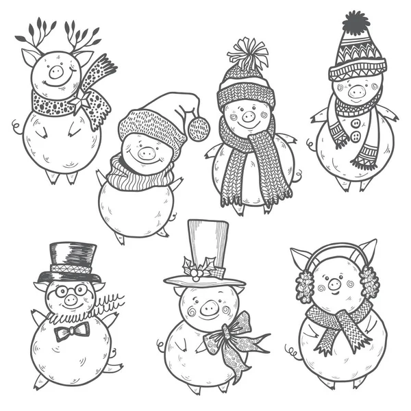 Des Petits Cochons Habits Noël Illustrat Dessin Animé Vectoriel — Image vectorielle