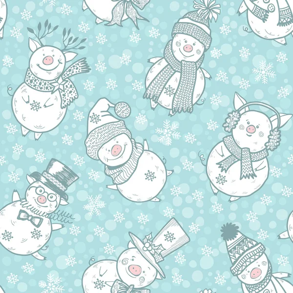クリスマスの服と雪の甘い小さな豚 シームレスです — ストックベクタ
