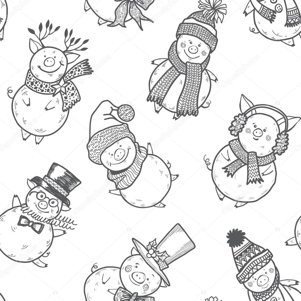 Sweet little pigs in Christmas clothes. Seamless vector pattern 