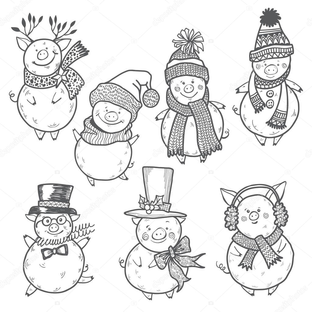 Sweet little pigs in Christmas clothes. Vector cartoon illustrat
