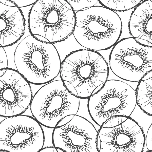 白地に手描きのキウイ フルーツとシームレスな白黒パターン — ストックベクタ