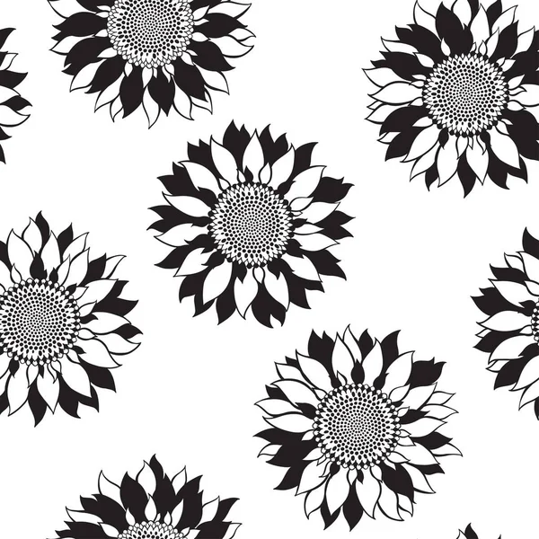 Seamless Monochrome Pattern Sunflowers White Background — Stock Vector