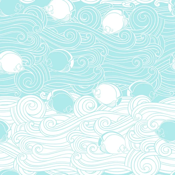 手描き波と魚のベクトルの背景 — ストックベクタ
