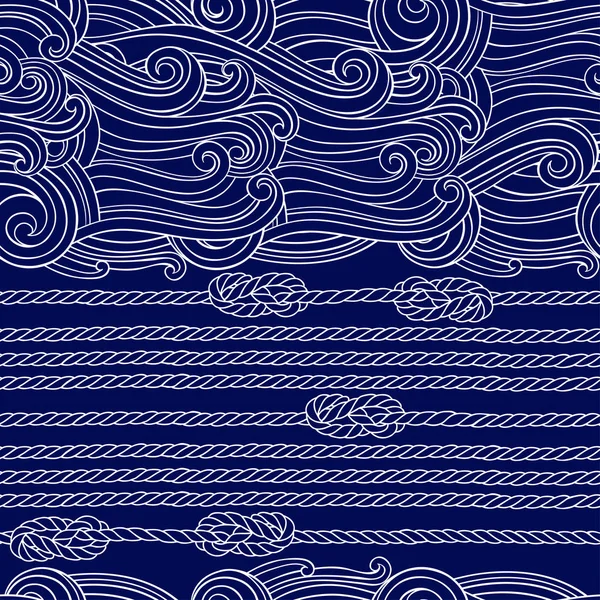 手描き波 海洋ロープと結び目のベクトルの背景 — ストックベクタ