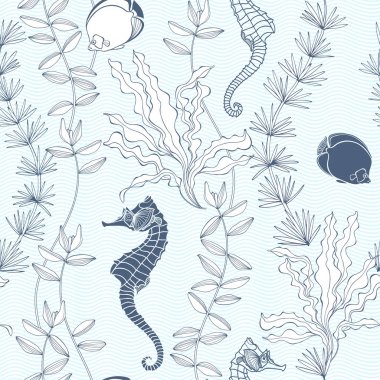 Yosun, dalgalı arka plan üzerinde deniz atı ve balık. Deniz temasında vektör arka planı.