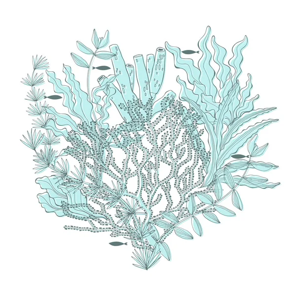 Морские Водоросли Рыбы Синем Фоне Векторный Фон Морскую Тему — стоковый вектор