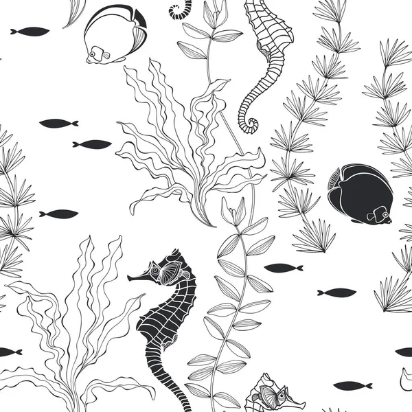 Algues Hippocampes Poissons Sur Fond Blanc Fond Vectoriel Sur Thème — Image vectorielle