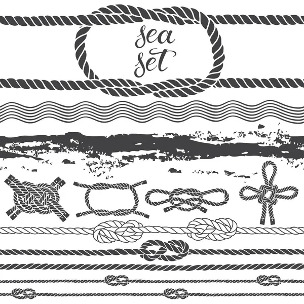 白い背景に海洋ロープ 結び目 波と海の質感のベクトルセット デザインの要素 — ストックベクタ