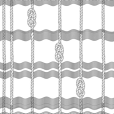 Deniz halat, düğüm ve beyaz backg dalgalar ile Dikişsiz desen