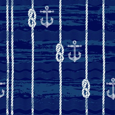 Bl üzerinde deniz halat, düğüm, çapa ve dalgalar ile dikişsiz desen
