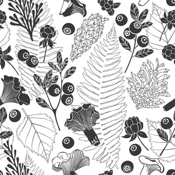 Motif vectoriel sans couture avec cônes de pin, baies, plantes et mus — Image vectorielle