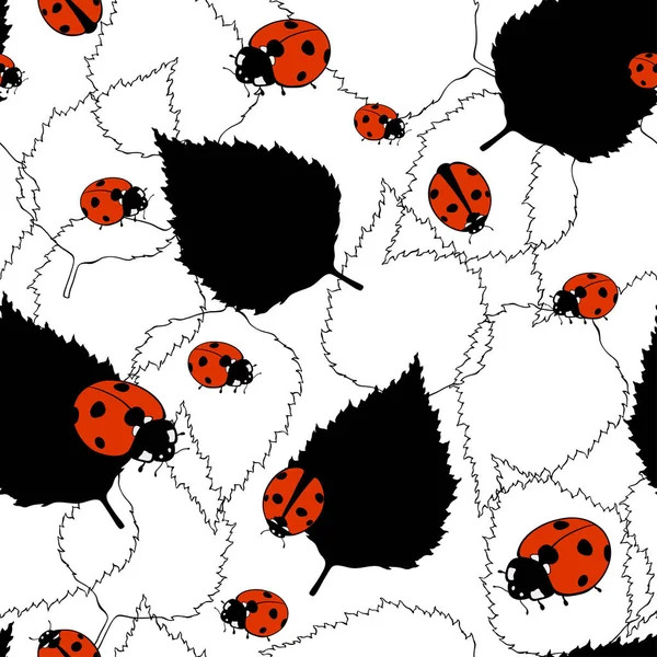 Modèle vectoriel sans couture avec coccinelles et feuilles sur un dos blanc — Image vectorielle