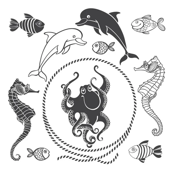 Морские животные. Векторные изолированные элементы на белом фоне. Ха — стоковый вектор