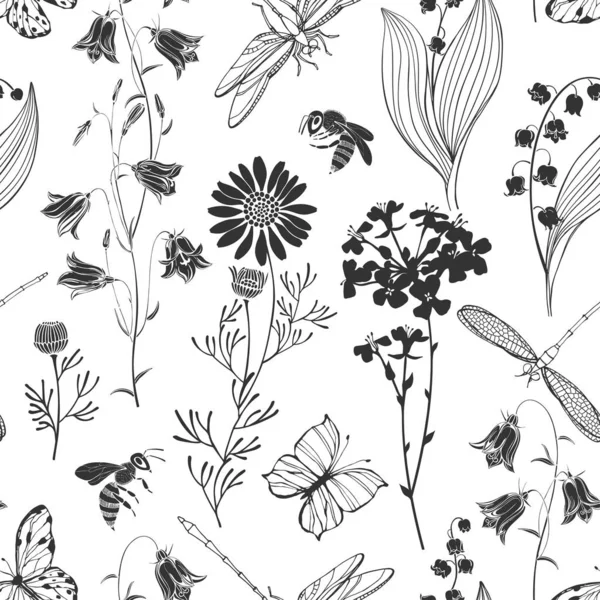 Fleurs sauvages et insectes. Modèle vectoriel sans couture avec des lis de — Image vectorielle