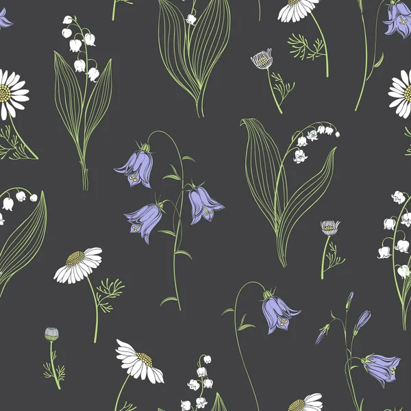 Seamless vector pattern with wild flowers on a dark background. — Stock Vector