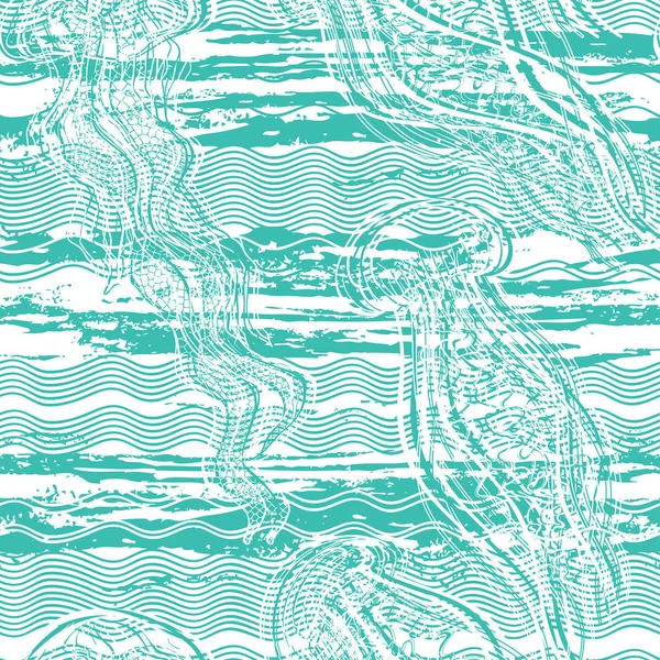 クラゲ。水中生活シームレスなモノクロの背景. — ストックベクタ