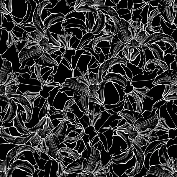 Bezešvé vzory s lilie květinami na černém pozadí. Čárový obrázek. — Stockový vektor