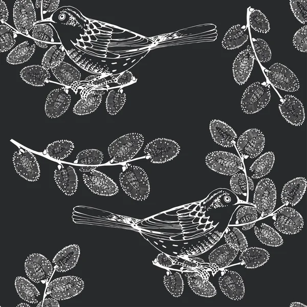 Nahtloses Muster mit Vögeln und Weidenzweigen auf schwarzem Hintergrund. handgezeichnete Vektorillustration. Hintergrund: Frühling. — Stockvektor