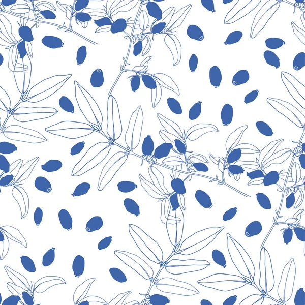 Nahtloses Muster mit Geißblatt-Beeren auf weißem Hintergrund. Linienkunst und Silhouetten. — Stockvektor