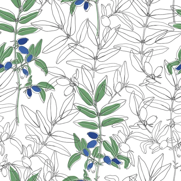 Nahtloses Muster mit Geißblatt-Beeren auf weißem Hintergrund. Linienkunst und Silhouetten. — Stockvektor