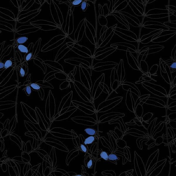 黒い背景にハニーサックルベリーとシームレスなパターン。ラインアート. — ストックベクタ
