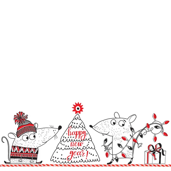 Fundo de ano novo com bonitos ratos de desenho animado. Ilustração de desenho animado vetorial com espaço para texto, cartão de saudação ou convite em fundo branco. Símbolo animal do Ano Novo 2020 . — Vetor de Stock