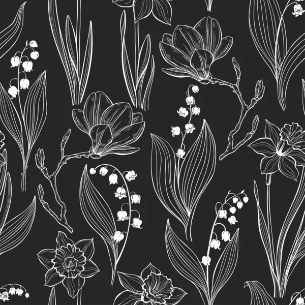Lente bloemen. Naadloos patroon met Magnolia, lelietje van de vallei en Narcissus op een zwarte achtergrond. Vector. Lijn kunst. — Stockvector