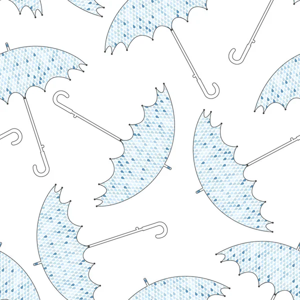 Seamless pattern with umbrellas in the rain on white background. — Stock Vector