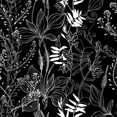 Seamless vector pattern with wildflowers on a black background. Grass mouse peas with flowers, plantain and shepherd's purse.Silhouettes and line art. clipart