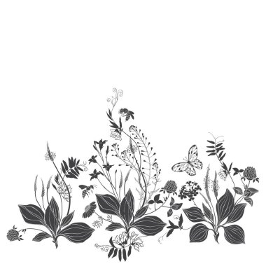 Kır çiçekleri, otlar, arılar, kelebek ve beyaz metin için alan ile Çiçek arka plan. Davet, tebrik kartı veya tasarımınız için bir öğe. Vektör. Siluet.