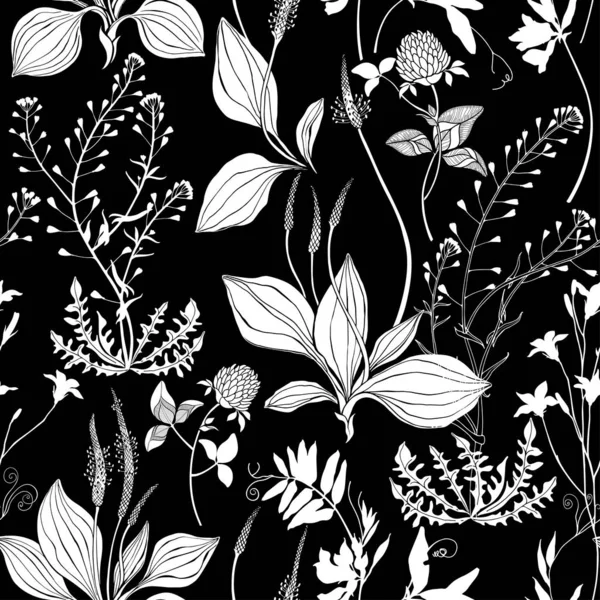 Sömlös vektor mönster med vildblommor på en svart bakgrund. Grass Mouse ärter med blommor, groblad och herde handväska, Bluebell, klöver. Silhuetter. — Stock vektor