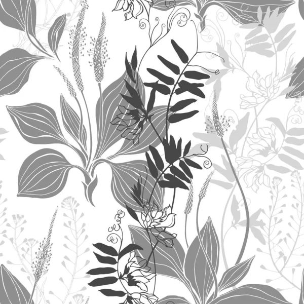 Patrón vectorial sin costuras con flores silvestres sobre un fondo blanco. Guisantes de ratón de hierba con flores, plátano y bolso de pastor. Siluetas y arte de línea . — Archivo Imágenes Vectoriales