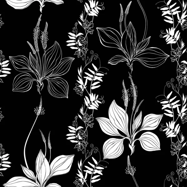 Bezproblémový vektorový vzor se zástupnými květy na černém pozadí. Hrachové lusky s květinami a trávou. Siluety a obrysy. — Stockový vektor