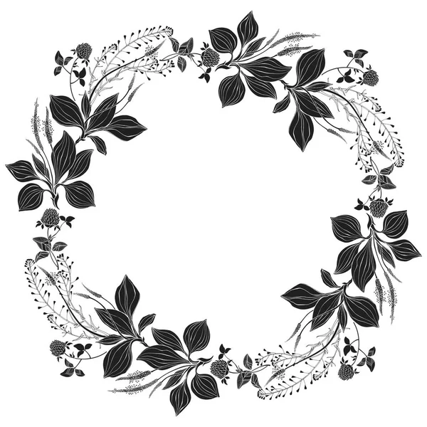 Couronne de fleurs sauvages et d'herbes sur blanc. Cadre rond avec espace pour le texte. Invitation, carte de vœux ou un élément pour votre design. Vecteur. Silhouette . — Image vectorielle