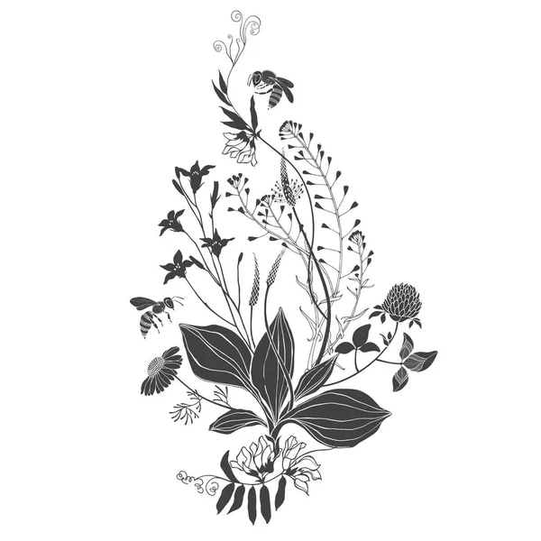 Un bouquet di fiori selvatici ed erbe aromatiche con api. Sfondo estivo. Illustrazione vettoriale in bianco e nero. Elemento isolato per il design su bianco. Silhouette . — Vettoriale Stock